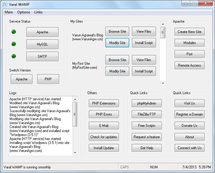 Screenshot of Varal WAMP control panel